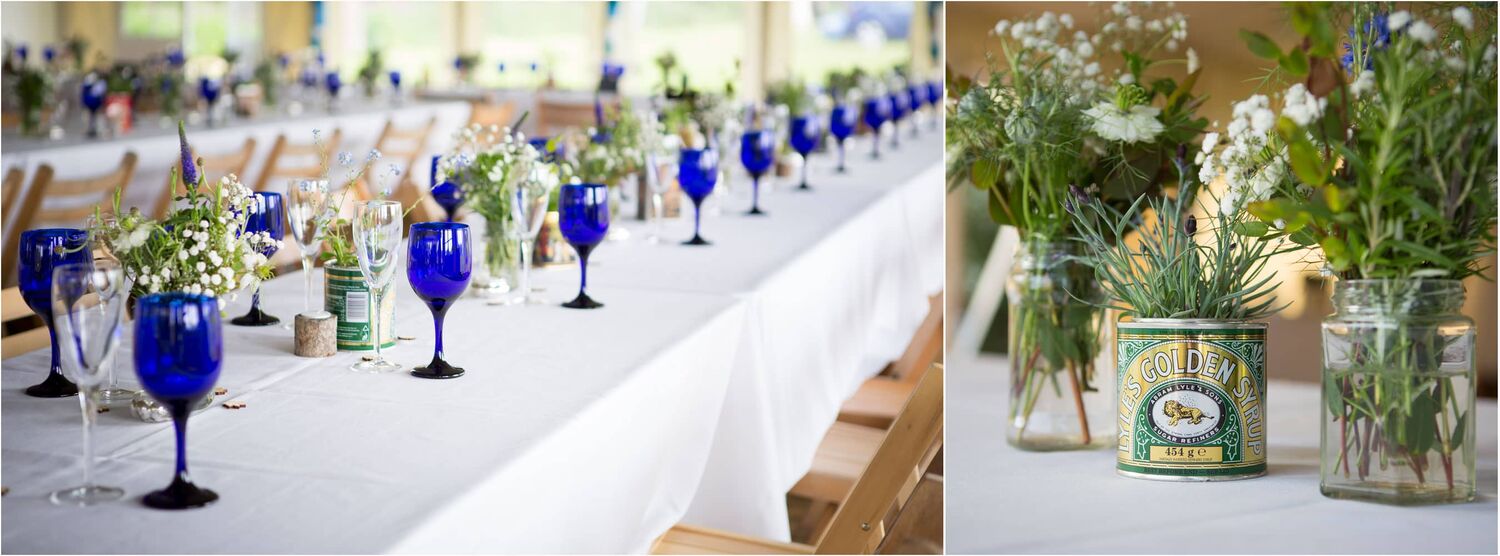 Marquee style with Blue Glasses and affordable upcycled vases
